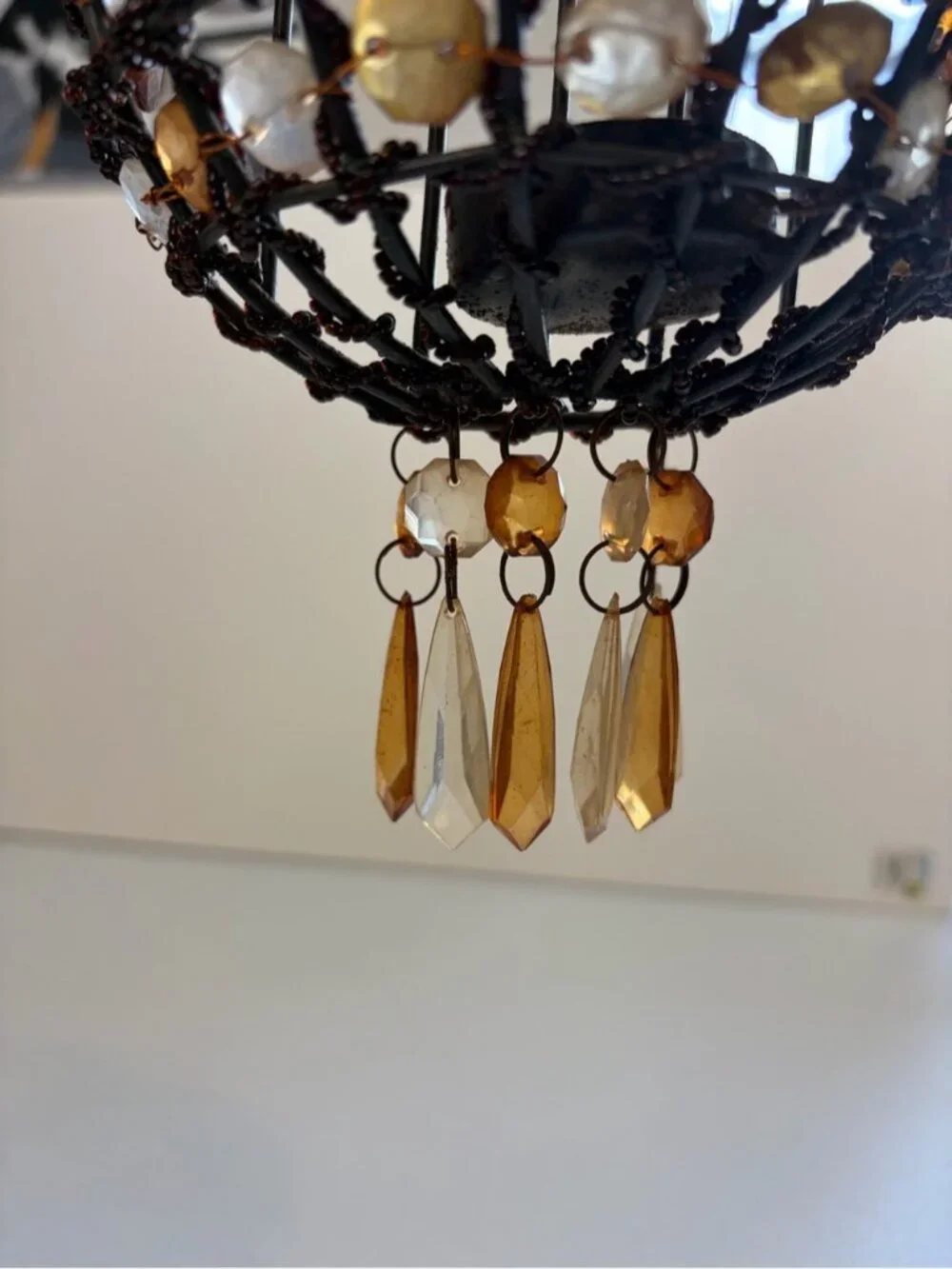 Vintage Boho Beaded Hanging Tea Light Candle Holder Amber Beads 90s Home Decor